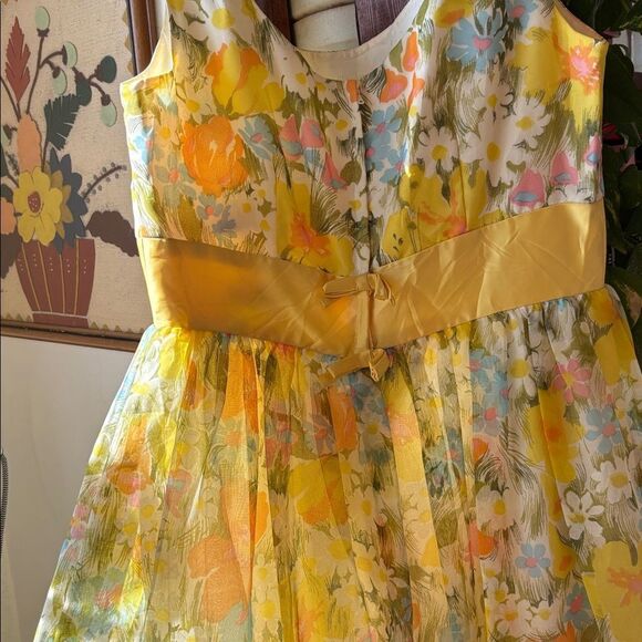 🎀Vintage 🎀 Floral Yellow and Orange Maxi Gown Organza Dress - Picture 4 of 10